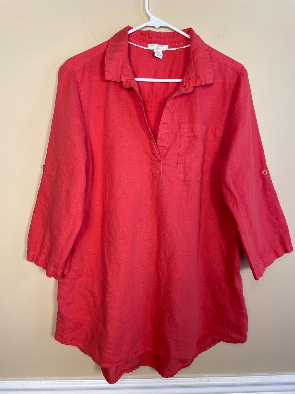 Saint Tropez West Women’s Cotton Linen Blend Coral Red Popover Tunic Blouse